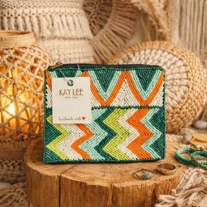 Kay Lee Green Beaded Zig Zag Coin Purse New